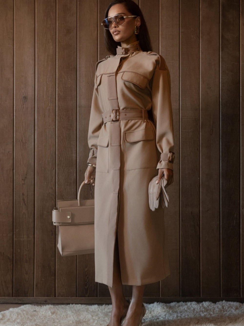 JLUXLABEL Beige Tan Icon Belted Midi Dress Belted Midi Trench Coat Military S - Picture 3 of 9